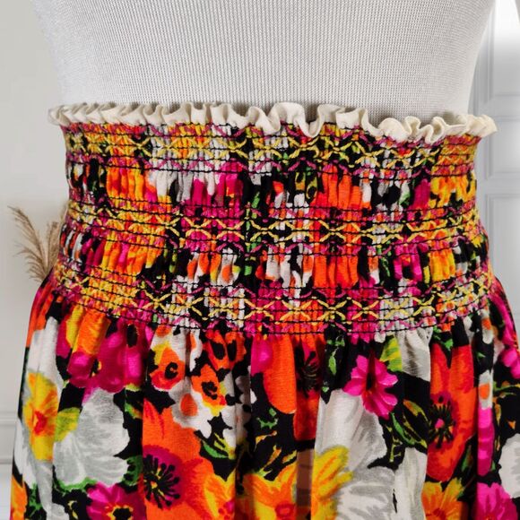 Vintage 70s Flower Power Smocked Tube Dress Size M Dayglo Bark Cloth Maxi Skirt - Picture 9 of 15